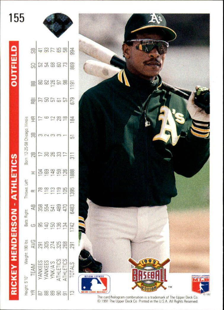Rickey Henderson 1992 Upper Deck MLB #155 Baseball Card Oakland Athletics