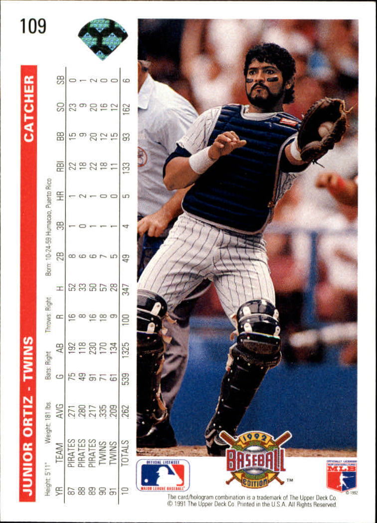 Junior Ortiz 1992 Upper Deck MLB #109 Baseball Card Minnesota Twins