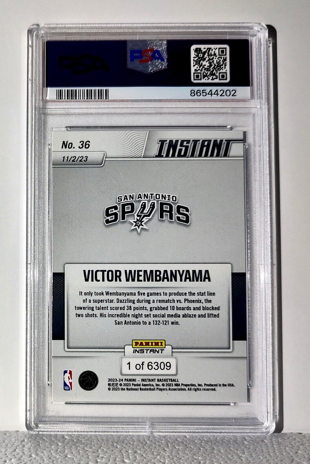 Victor Wembanyama 2023-24 Panini #36 NBA Rookie Card Spurs 1 of 6309 PSA 9 Mint