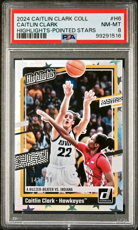 Caitlin Clark 2024 Panini Donruss Highlights Pointed Stars #H6 142/299 PSA 8