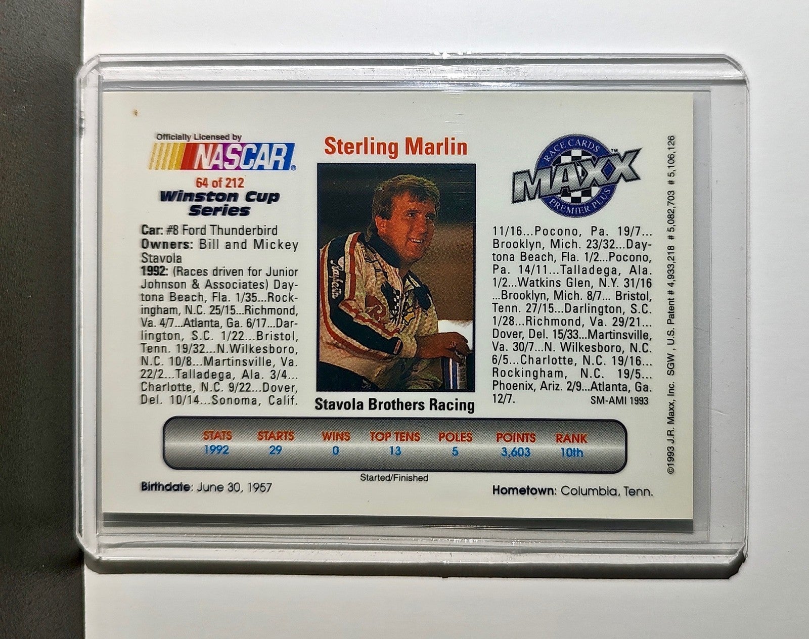 Sterling Marlin 1993 Maxx Premier Plus Racing #64 NASCAR Stavola Brothers Racing