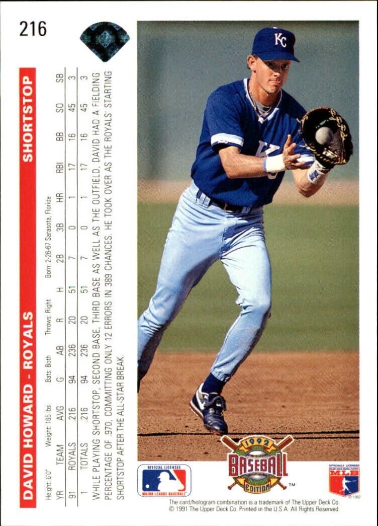 David Howard 1992 Upper Deck MLB #216 Baseball Card Kansas City Royals