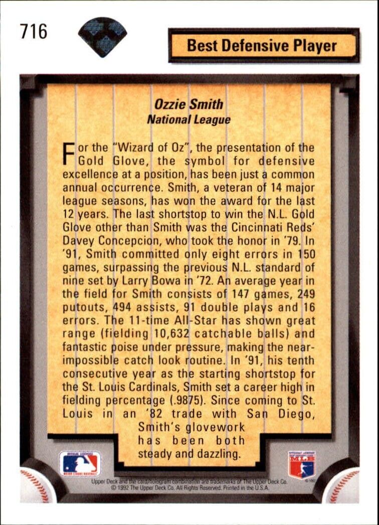 Ozzie Smith 1992 Upper Deck MLB #716 Diamond Skills Baseball Card Cardinals