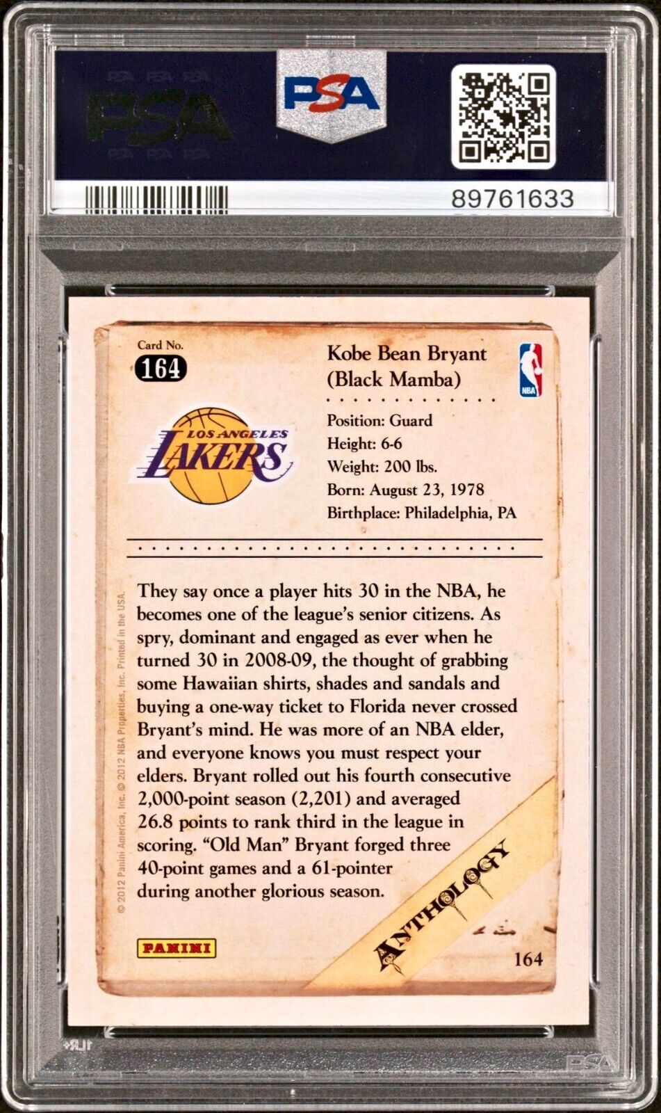 2012-13 Kobe Bryant Panini Kobe Anthology #164 Basketball Card PSA 10 GEM MINT