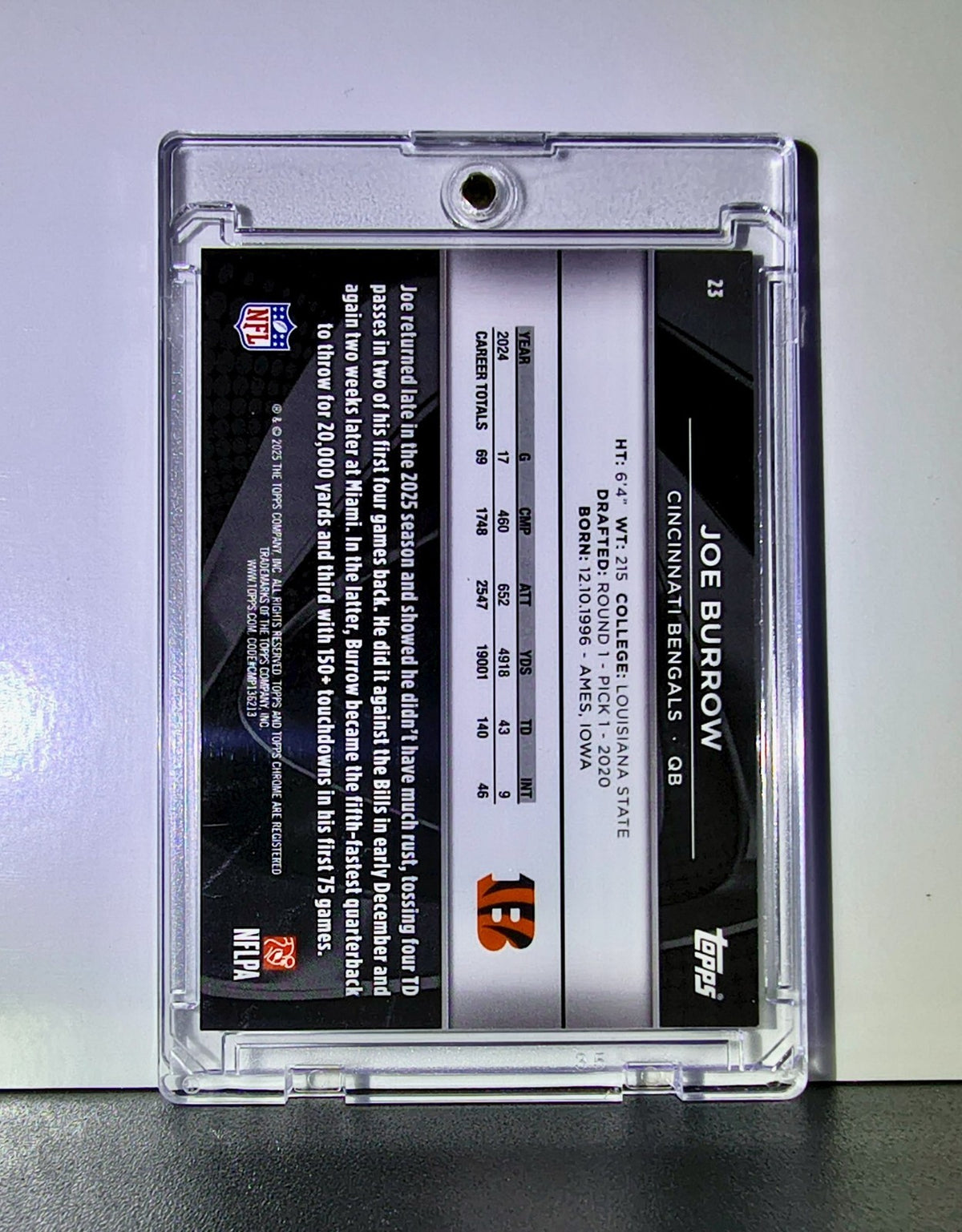 Joe Burrow 2025 NFL Topps Chrome Black #23 Purple Refractor Card Bengals 52/75