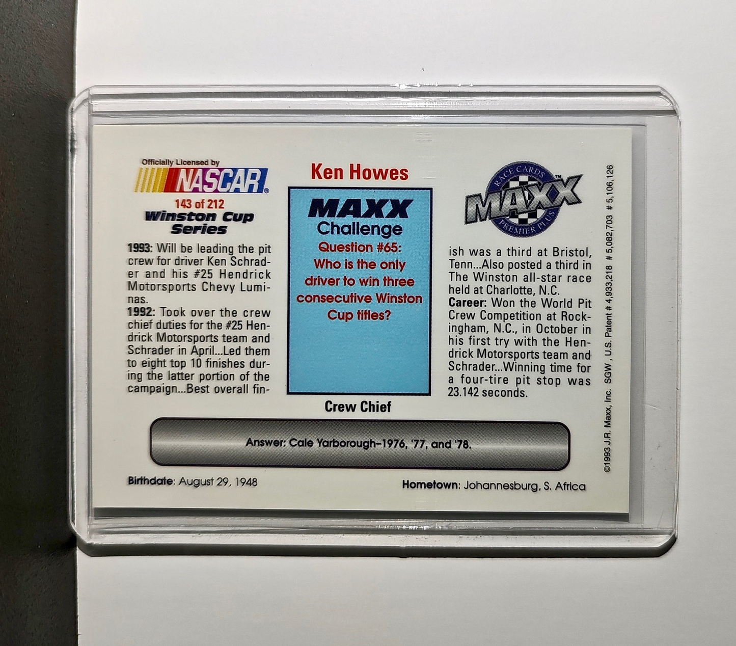 Ken Howes 1993 Maxx Premier Plus Racing #143 NASCAR Card Hendrick Motorsports