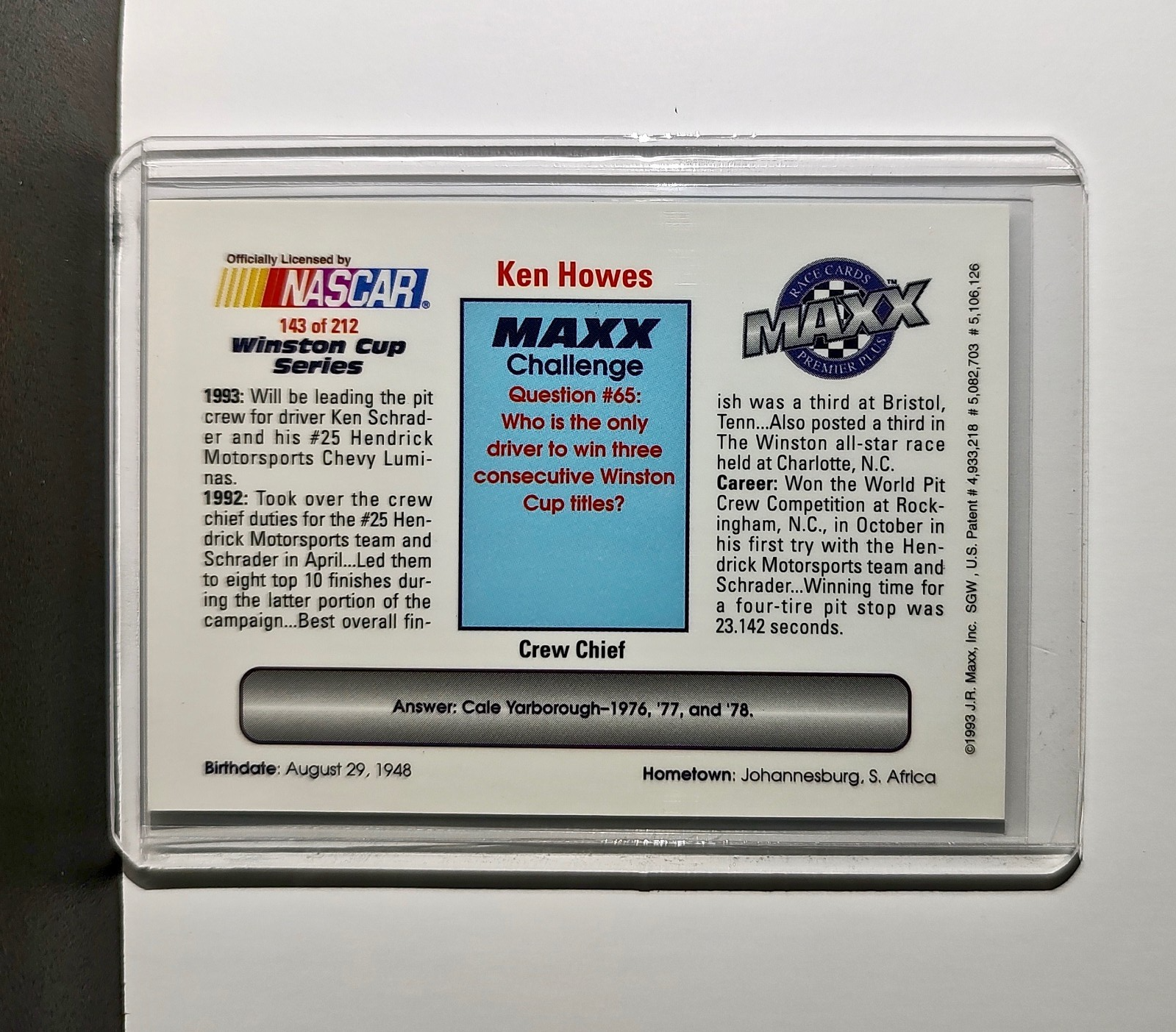 Ken Howes 1993 Maxx Premier Plus Racing #143 NASCAR Card Hendrick Motorsports