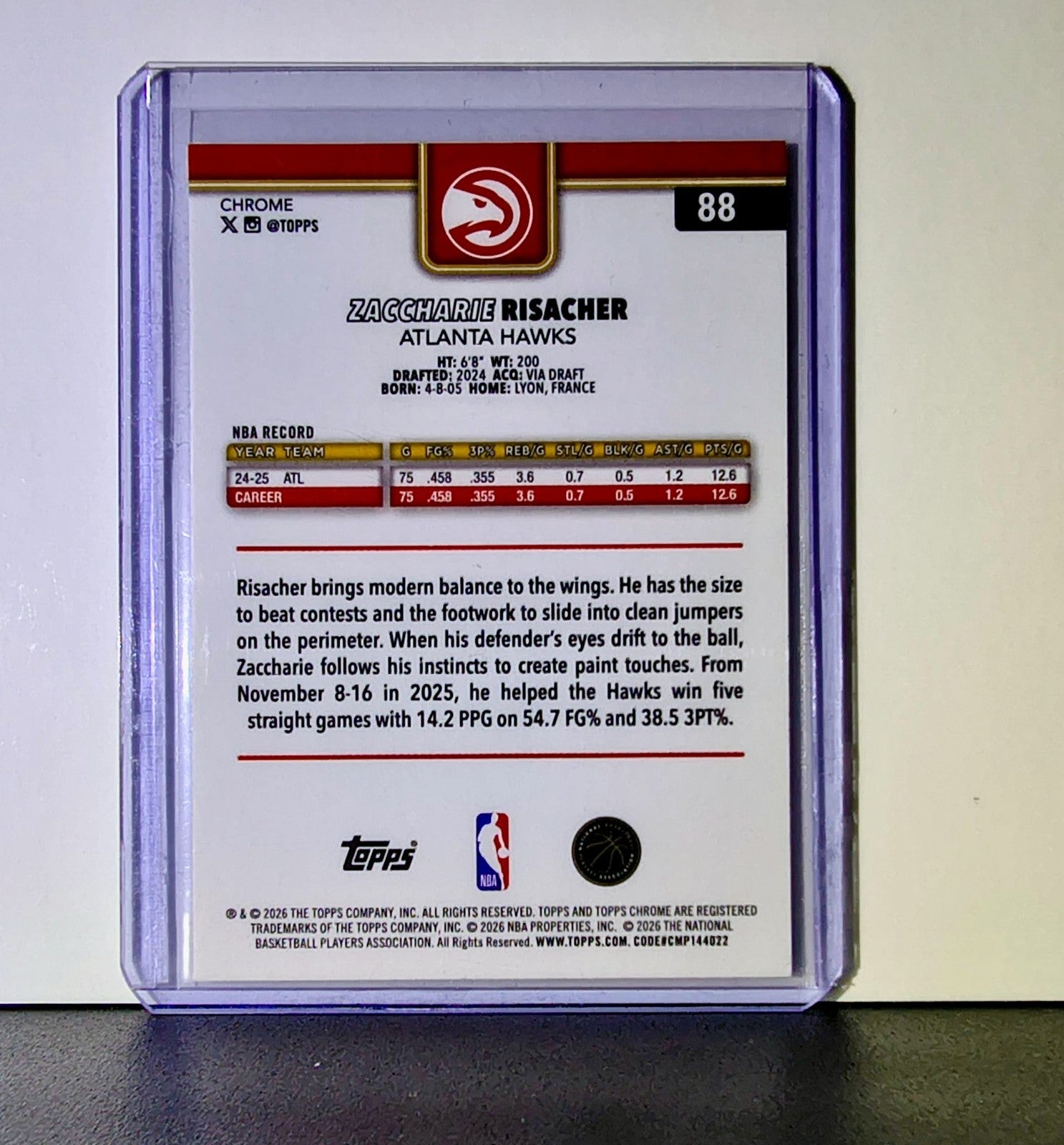 Zaccharie Risacher 2025-26 NBA Topps Chrome Update RayWave Refractor #88 Card