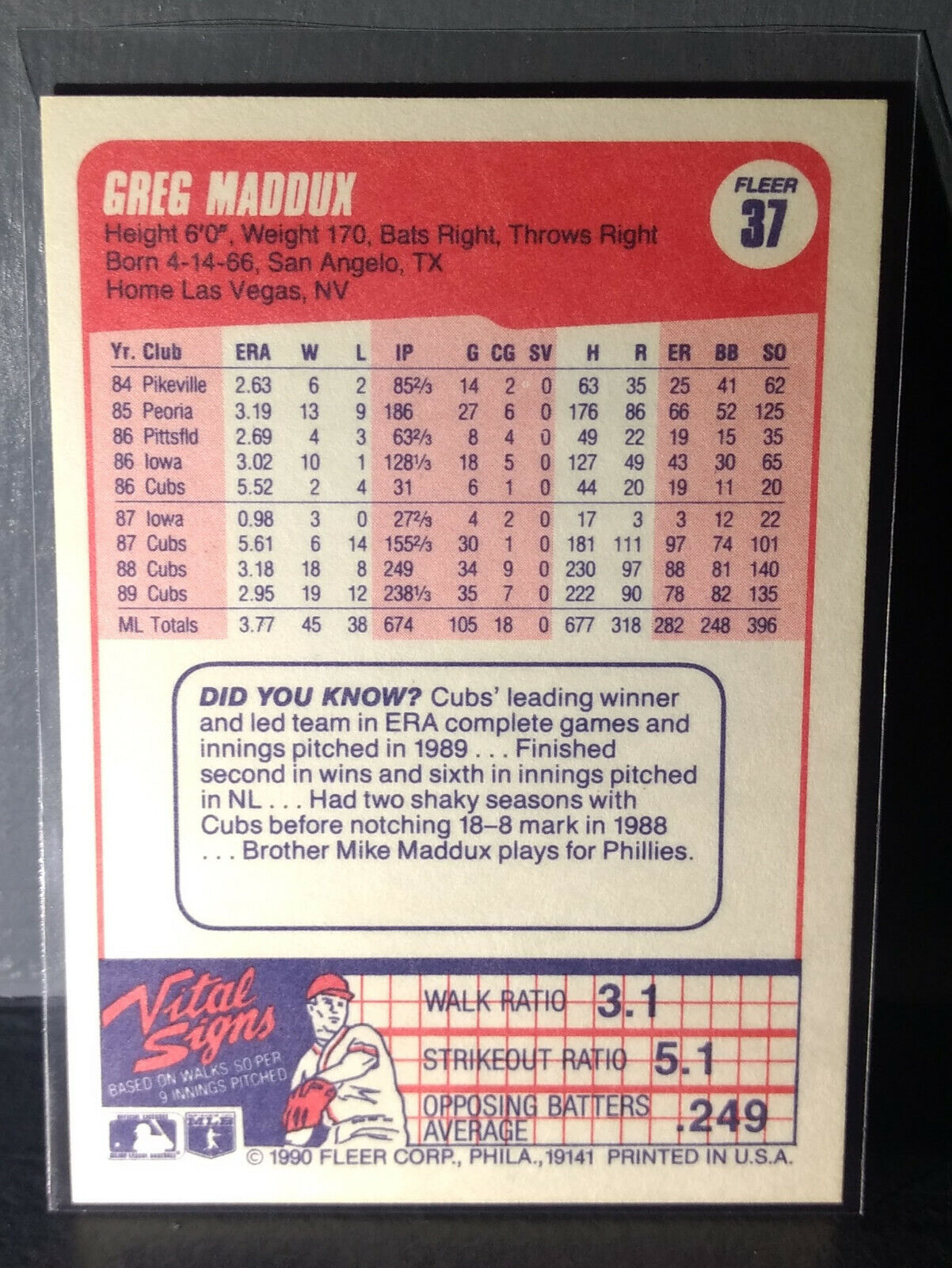1990 Greg Maddux Fleer Baseball Card #37