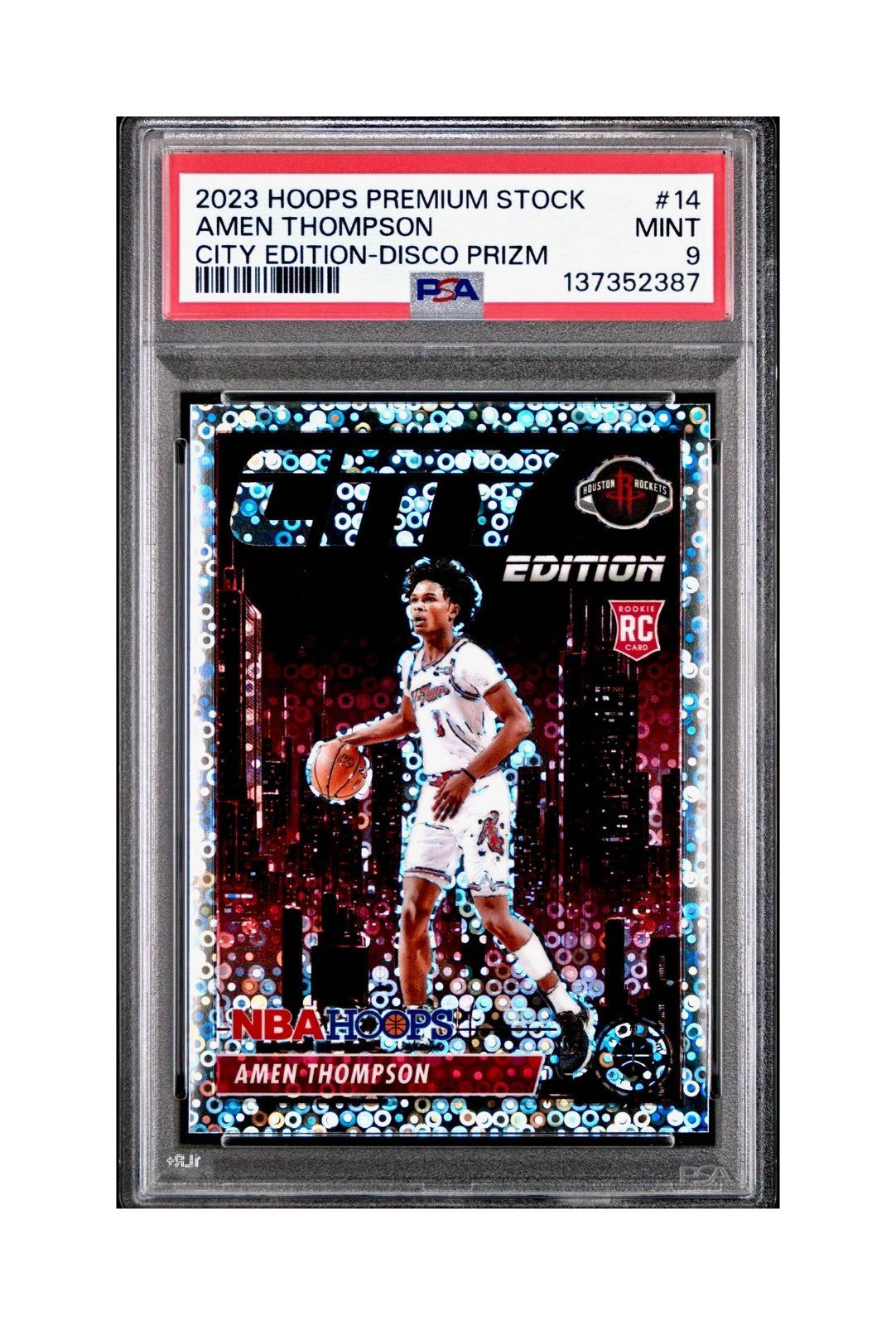 Amen Thompson 2023 Panini Hoops Premium City Edition #14 Disco Prizm PSA 9 Mint