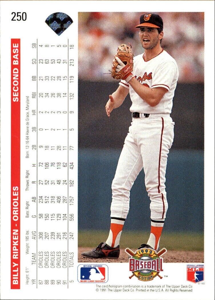 Billy Ripken 1992 Upper Deck MLB #250 Baseball Card Baltimore Orioles