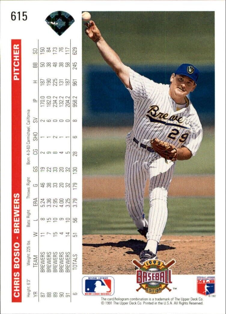 Chris Bosio 1992 Upper Deck MLB #615 Baseball Card Milwaukee Brewers