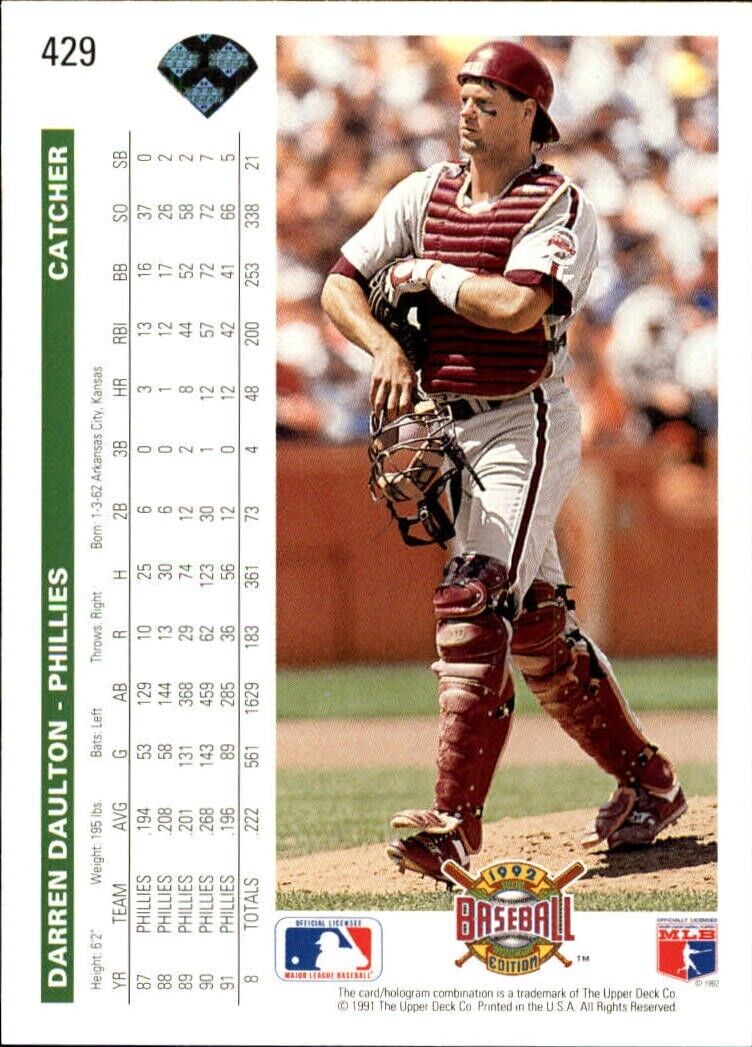 Darren Daulton 1992 Upper Deck MLB #429 Baseball Card Philadelphia Phillies