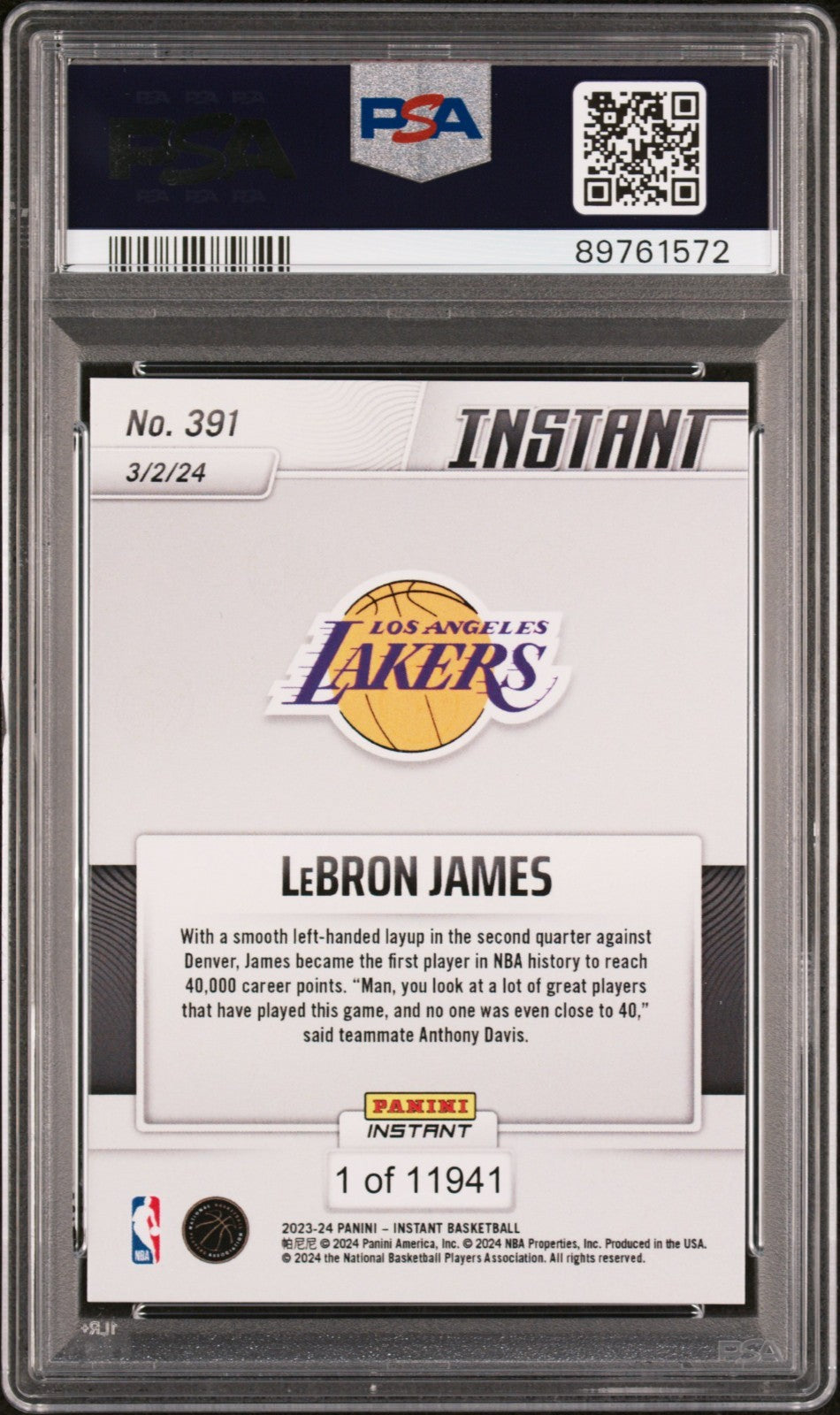 LeBron James 2023-24 Panini #391 All-Time Scoring Leader 40,000 Card PSA 10