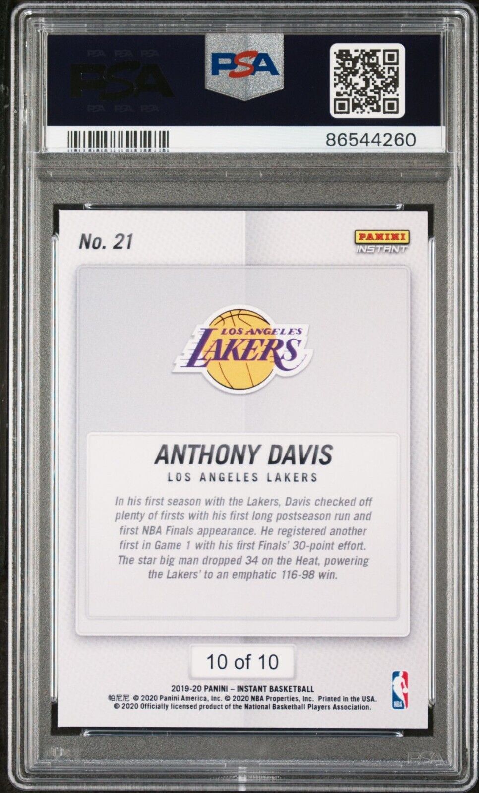 Anthony Davis 2020 Panini Lakers NBA Champions #21 Green Card 10/10 PSA 9 Mint