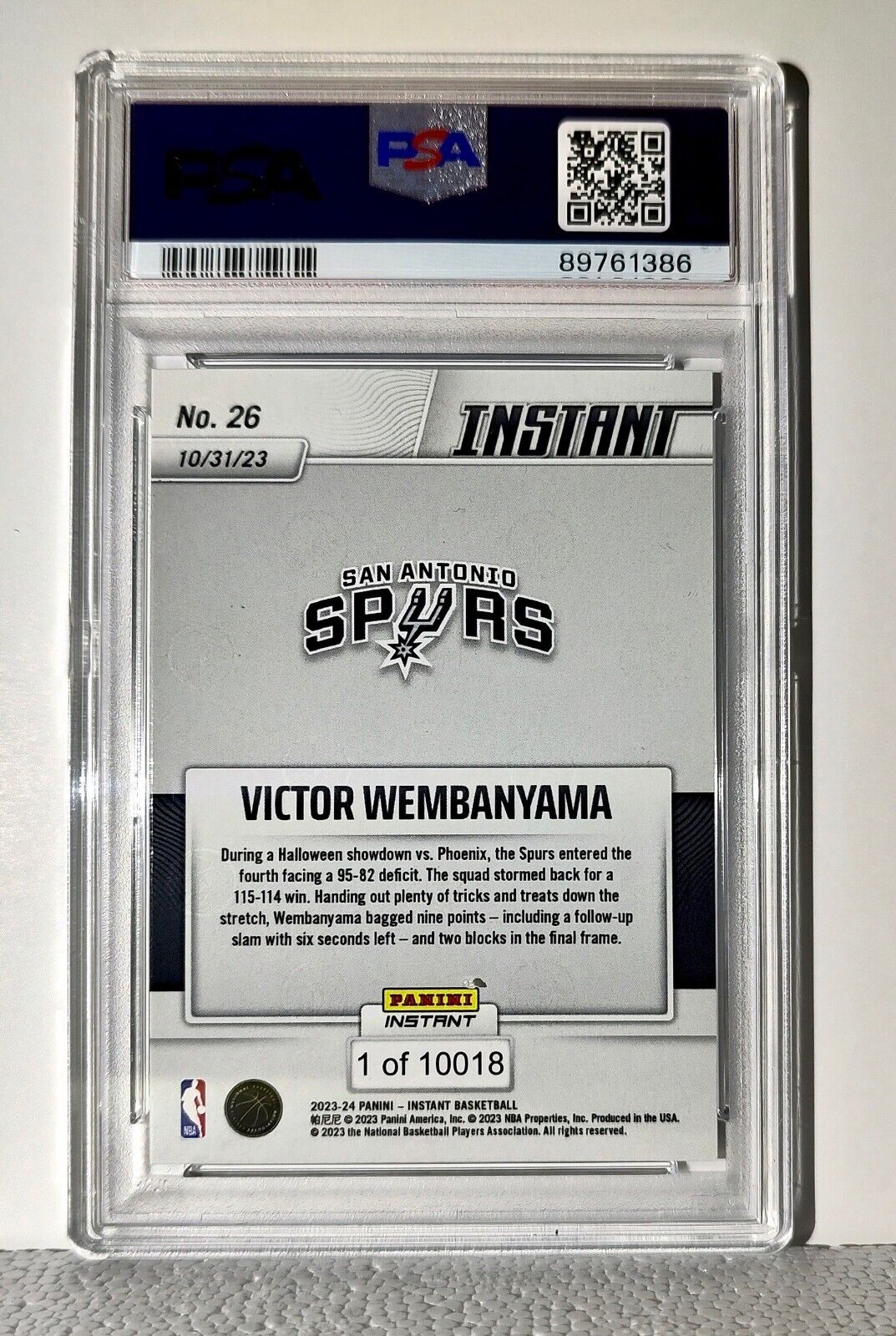 Victor Wembanyama 2023-24 Panini #26 NBA Rookie Card Spurs 1 of 10018 PSA 9 Mint