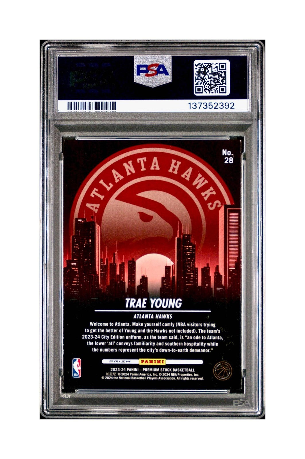 Trae Young 2023 Panini Hoops Premium City Edition #28 Disco Prizm PSA 10 Gem