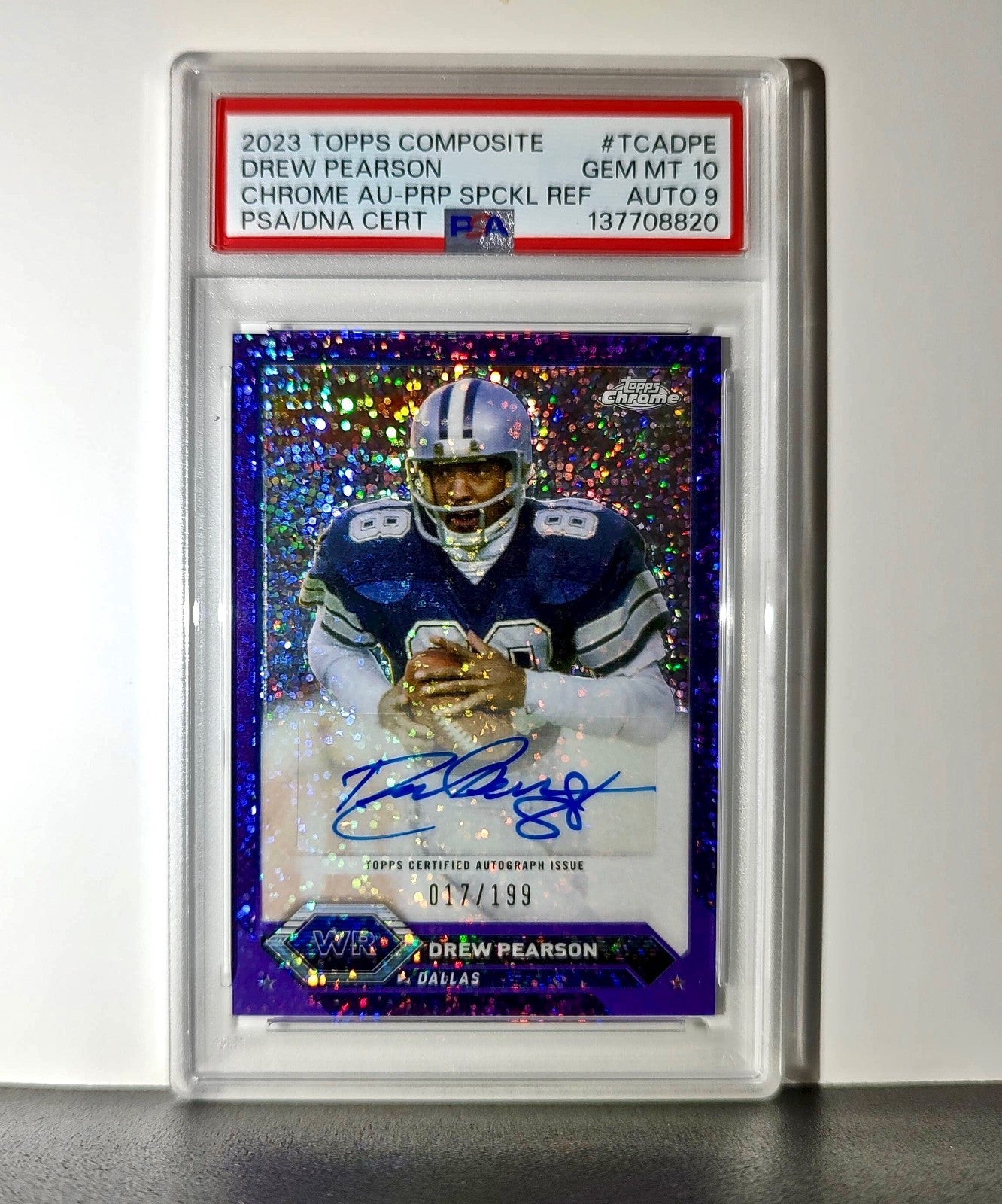Drew Pearson 2023 Topps #TCA-DPE Chrome Purple Speckle 19/199 PSA 10 Auto 9