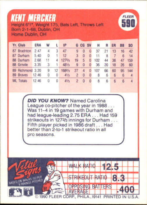 1990 Kent Mercker Fleer Baseball Card #590