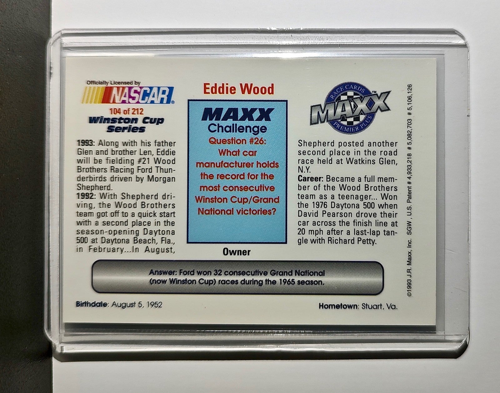 Eddie Wood 1993 Maxx Premier Plus Racing #104 NASCAR Card Wood Brothers Racing