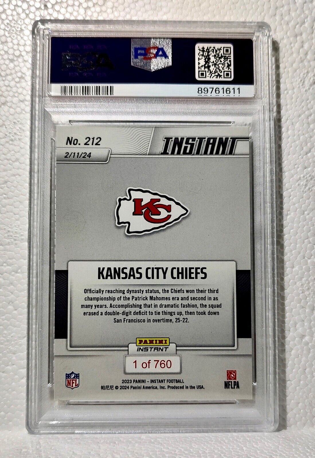 Kansas City Chiefs 2023 Panini NFL #212 Superbowl Card 1 of 760 PSA 8 NM-MT