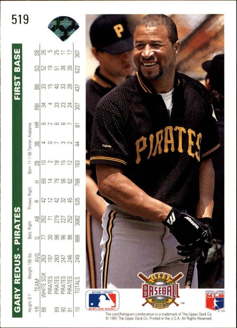 Gary Redus 1992 Upper Deck MLB #519 Baseball Card Pittsburgh Pirates