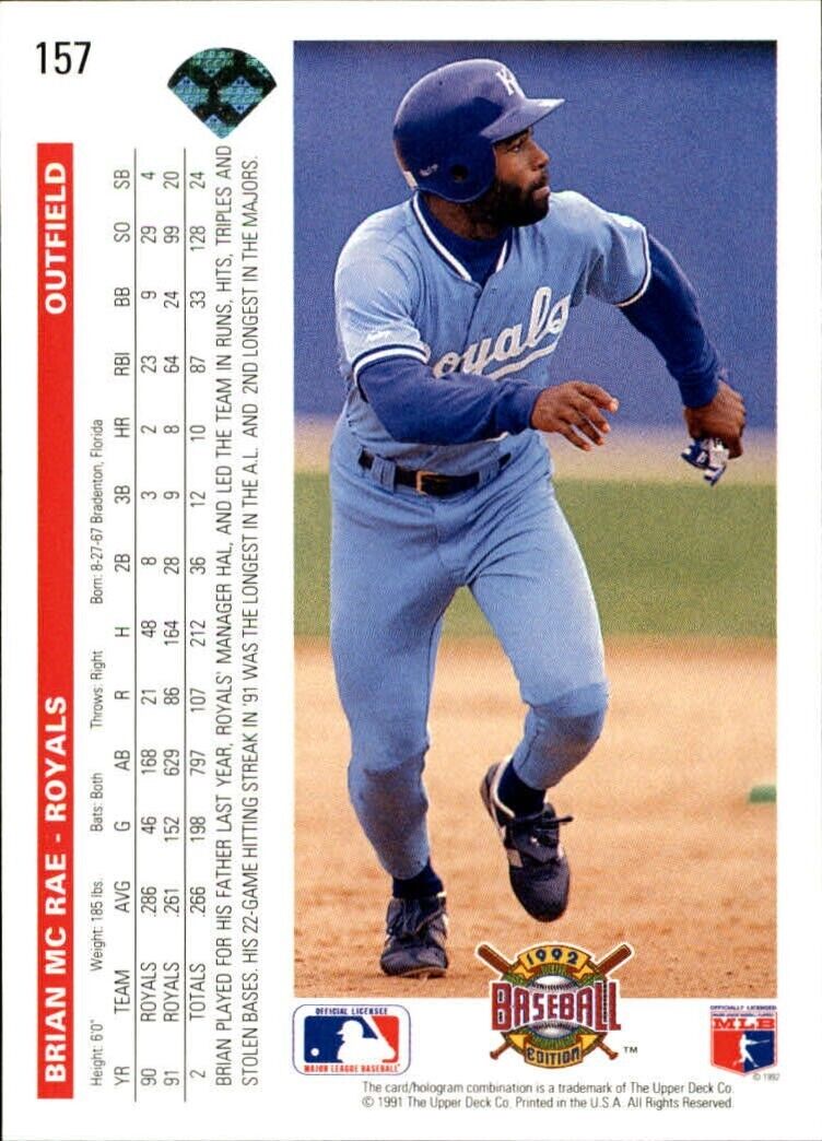 Brian McRae 1992 Upper Deck MLB #157 Baseball Card Kansas City Royals