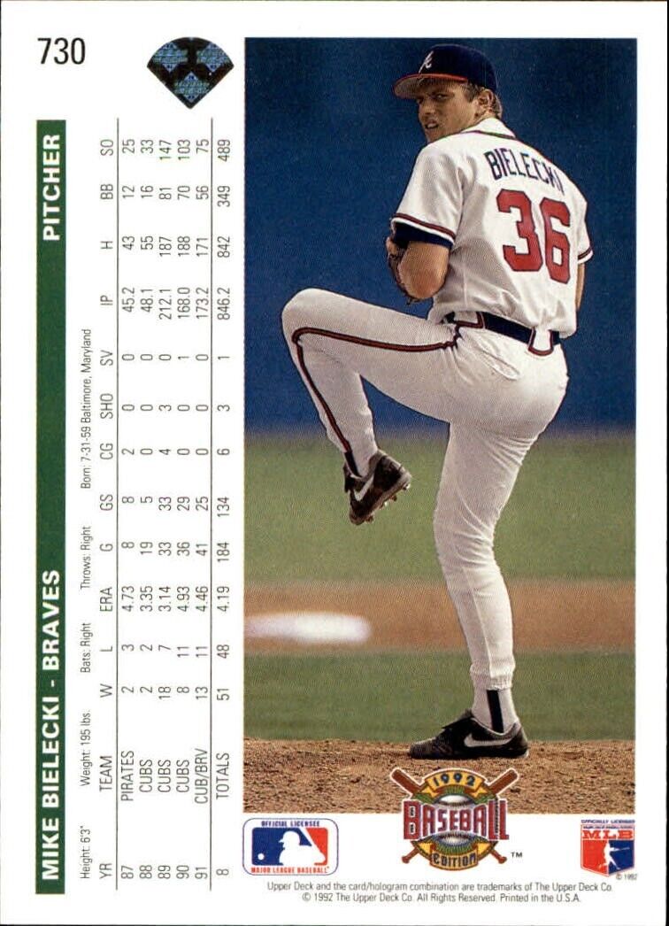Mike Bielecki 1992 Upper Deck MLB #730 Baseball Card Atlanta Braves