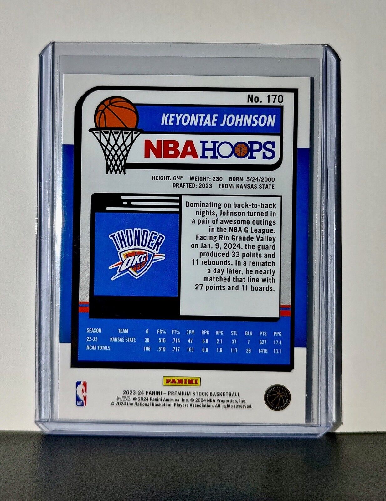 Keyontae Johnson 2023-24 Panini Premium Stock NBA Hoops #170 Card Rookie Thunder