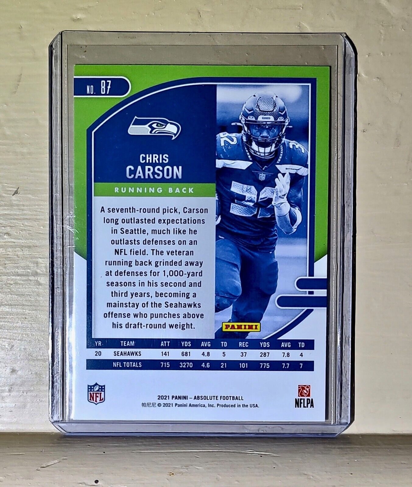 Chris Carson 2021 Panini NFL Absolute Green Parallel Football #87 Card Seahawks