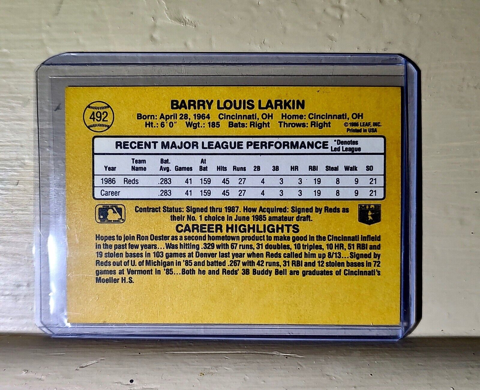 1986 Barry Larkin Donruss Baseball Card #492