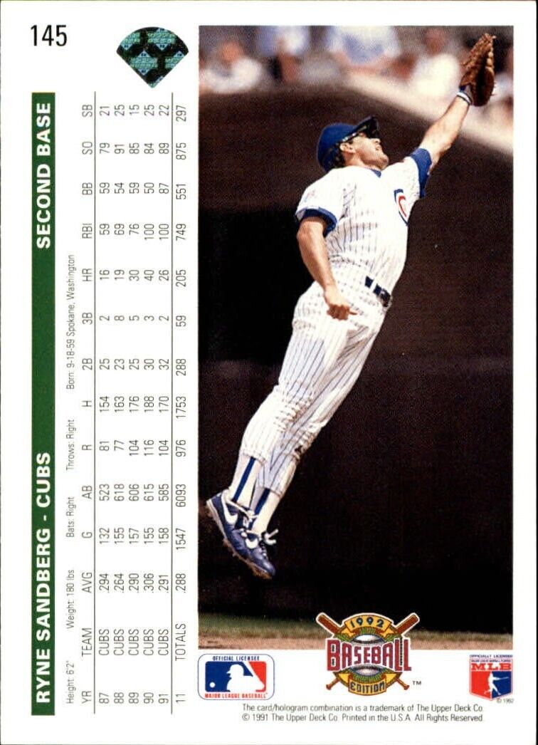 Ryne Sandberg 1992 Upper Deck MLB #145 Baseball Card Chicago Cubs