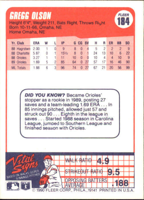 1990 Gregg Olson Fleer Baseball Card #184