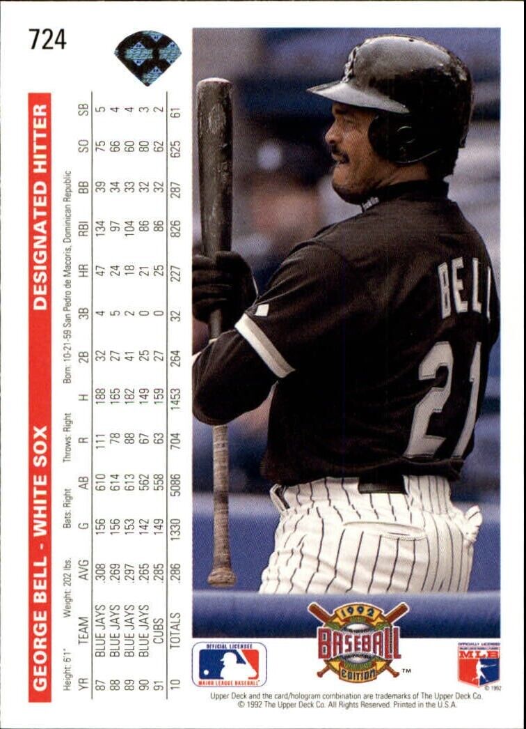 George Bell 1992 Upper Deck MLB #724 Baseball Card Chicago White Sox