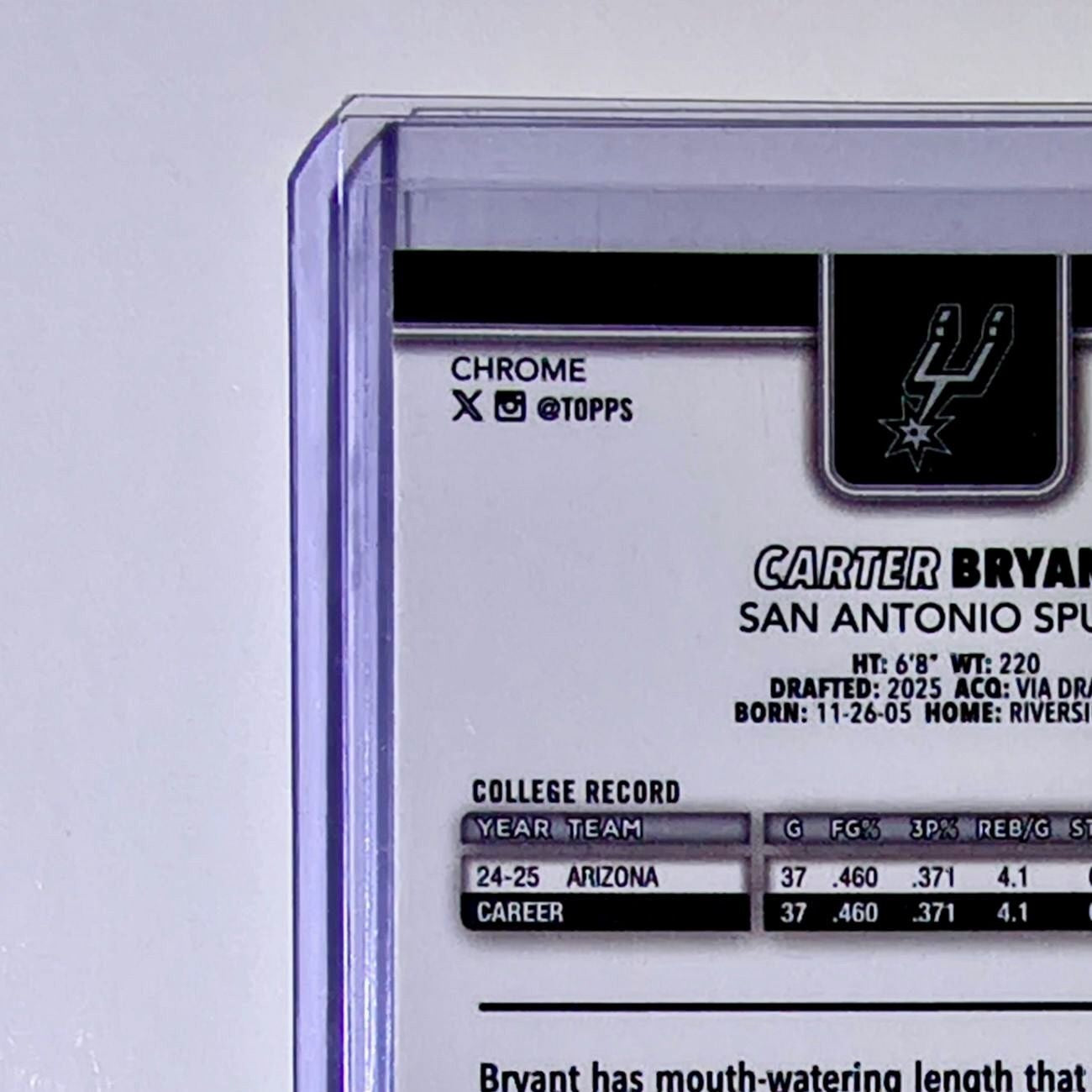 Carter Bryant Rookie 2025-26 NBA Topps Chrome Update Refractor #164 Card Spurs