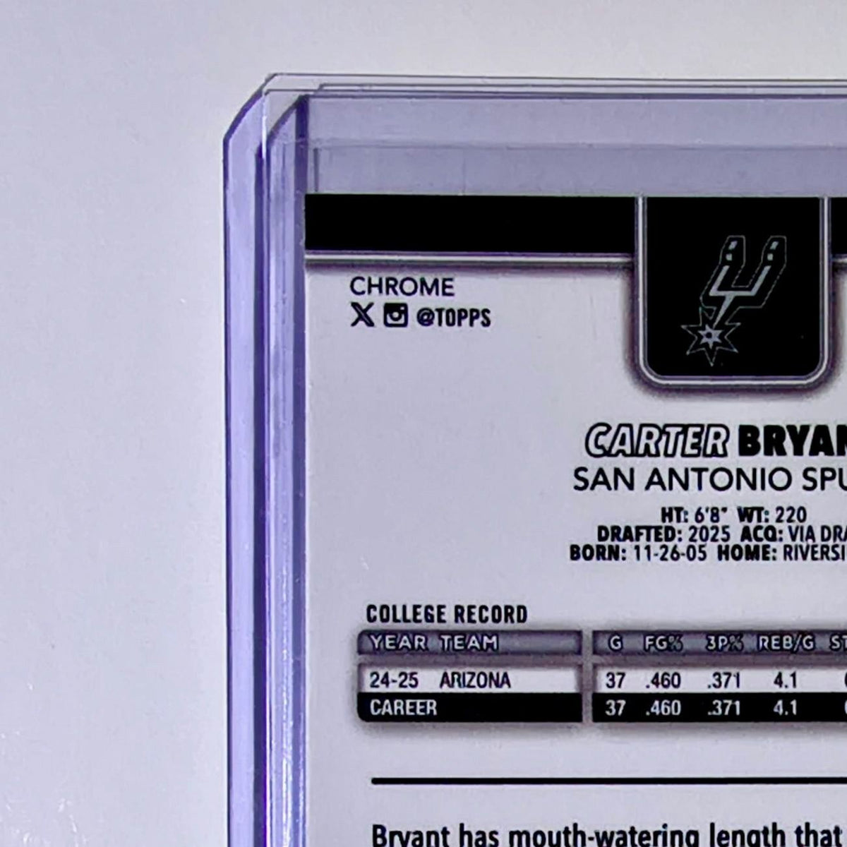 Carter Bryant Rookie 2025-26 NBA Topps Chrome Update Refractor #164 Card Spurs