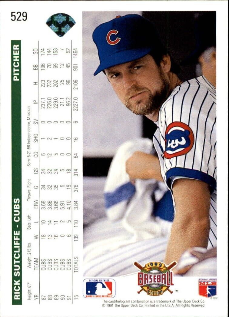 Rick Sutcliffe 1992 Upper Deck MLB #529 Baseball Card Chicago Cubs