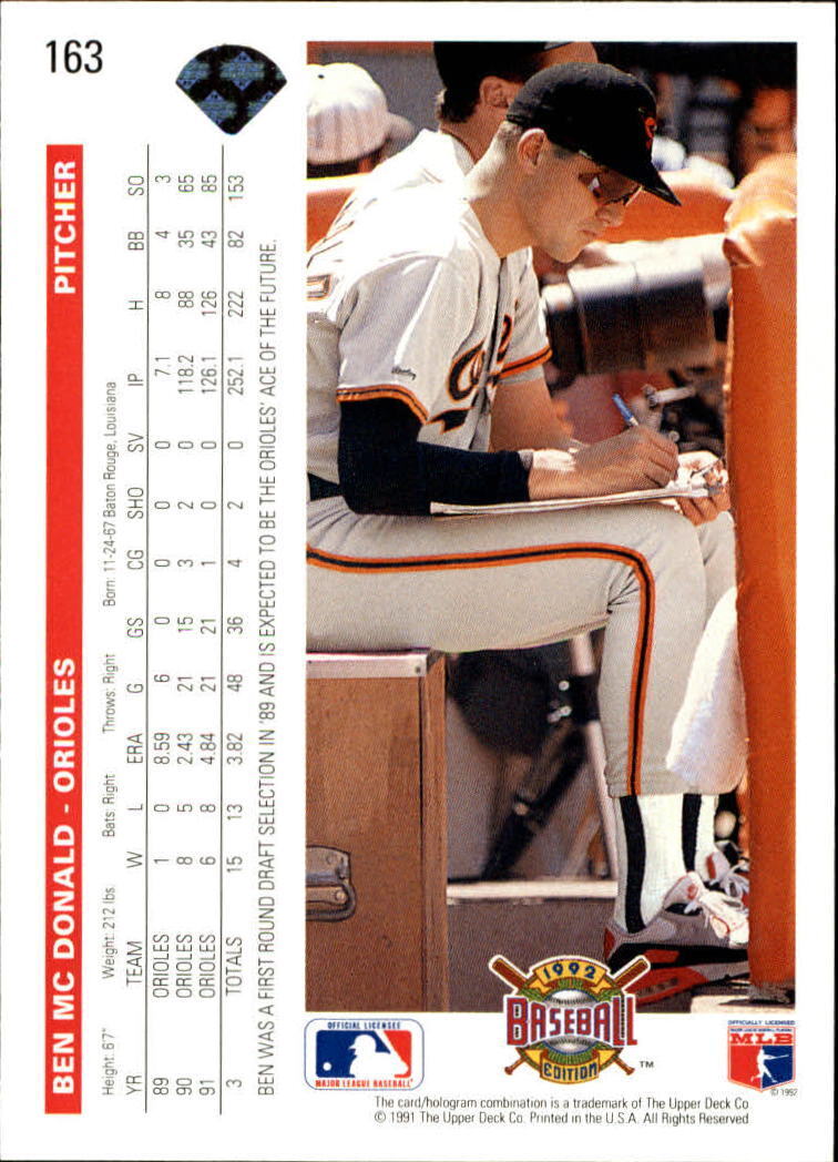 Ben McDonald 1992 Upper Deck MLB #163 Baseball Card Baltimore Orioles