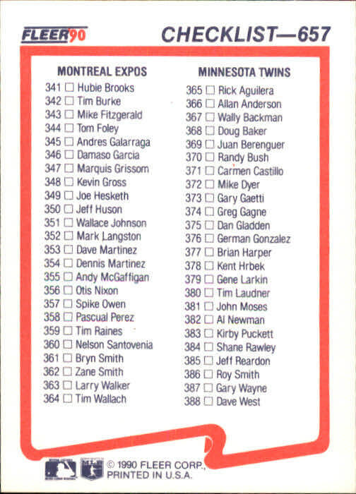 1990 Checklist Fleer Baseball Card #657