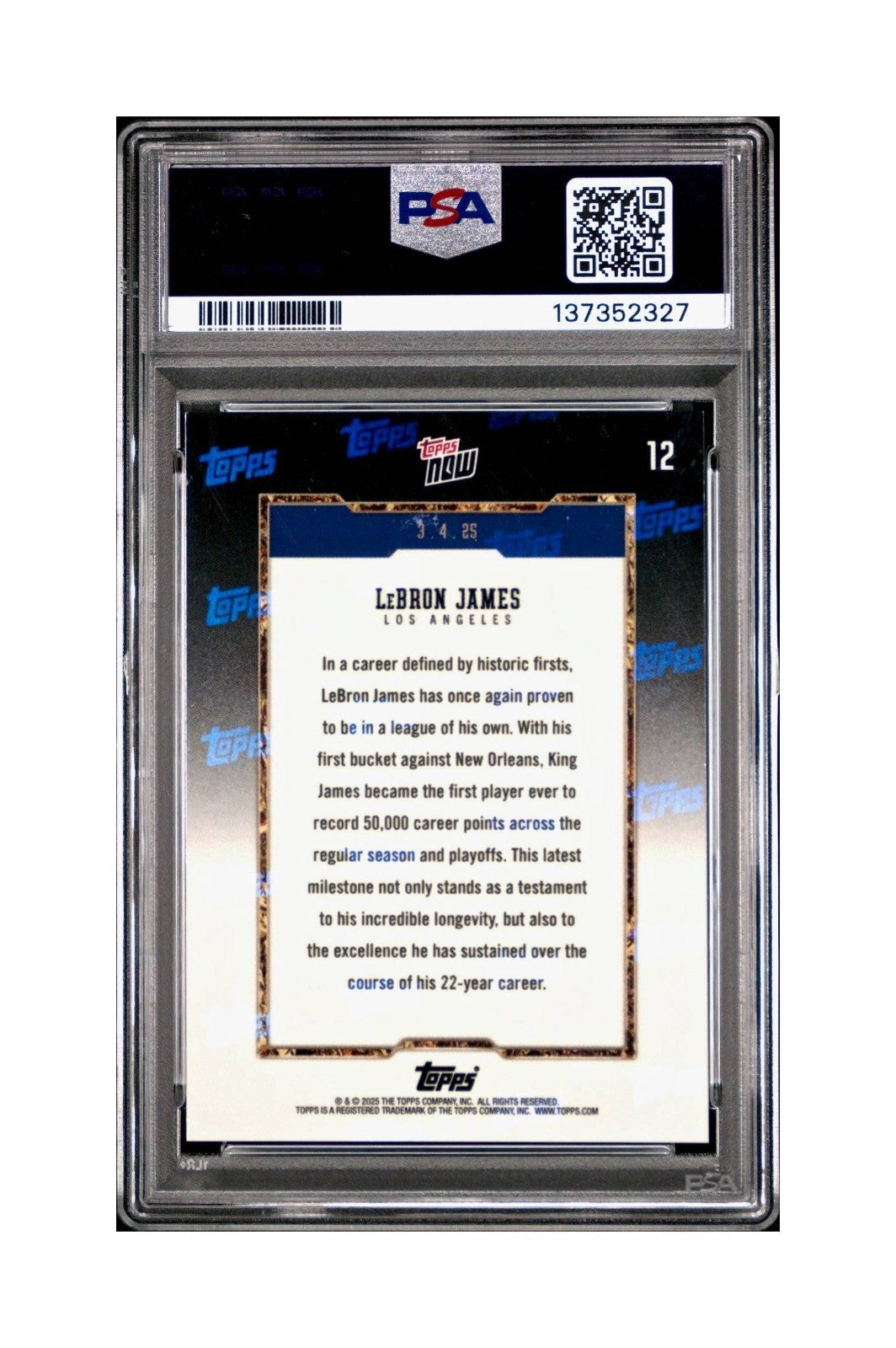 Lebron James 2024 Topps Now 50k Career Points #12 Card PSA 9 Mint