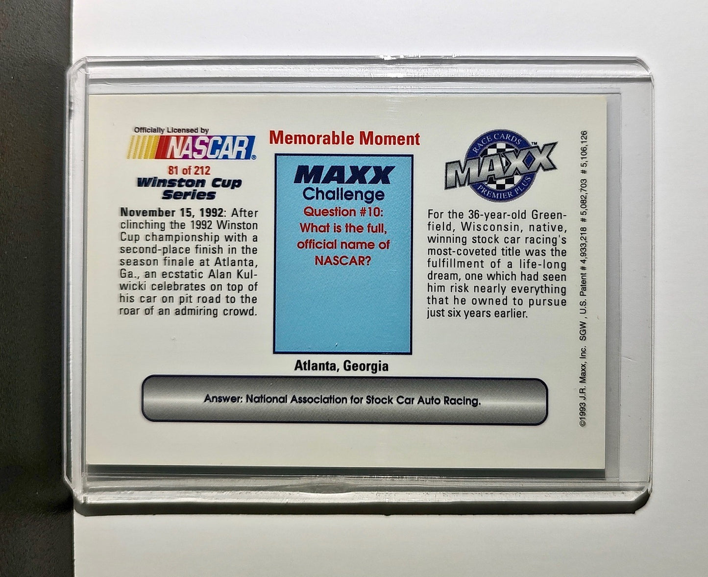 Memorable Moment 1993 Maxx Premier Plus Racing #81 NASCAR Card AK Racing