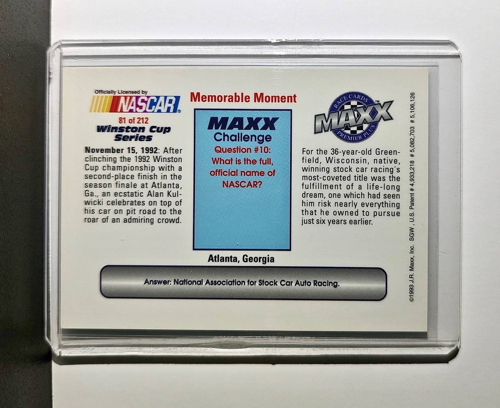 Memorable Moment 1993 Maxx Premier Plus Racing #81 NASCAR Card AK Racing