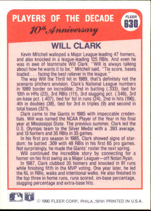 1990 Will Clark Fleer Baseball Card #630