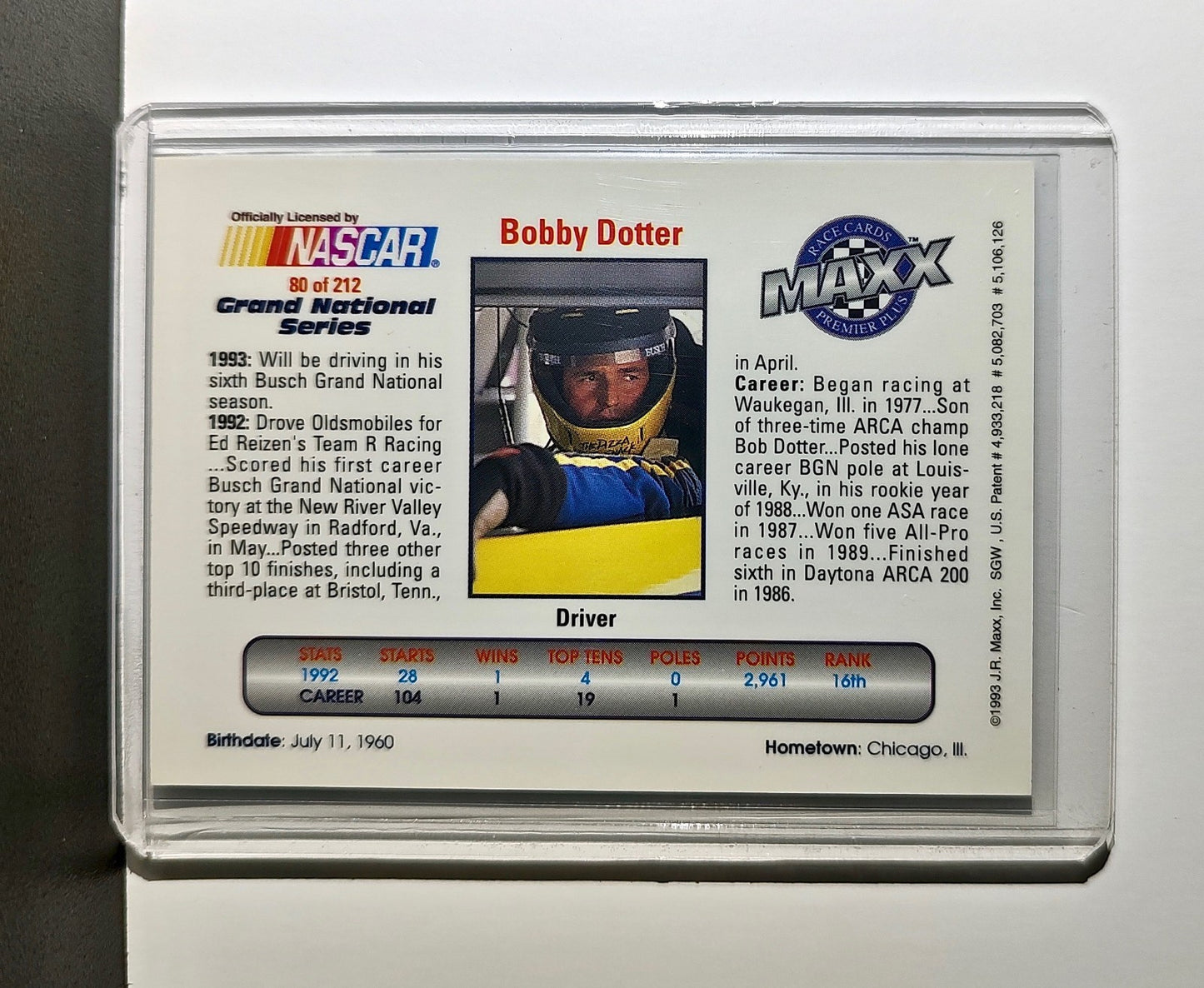 Bobby Dotter 1993 Maxx Premier Plus Racing #80 NASCAR Card Team R Racing