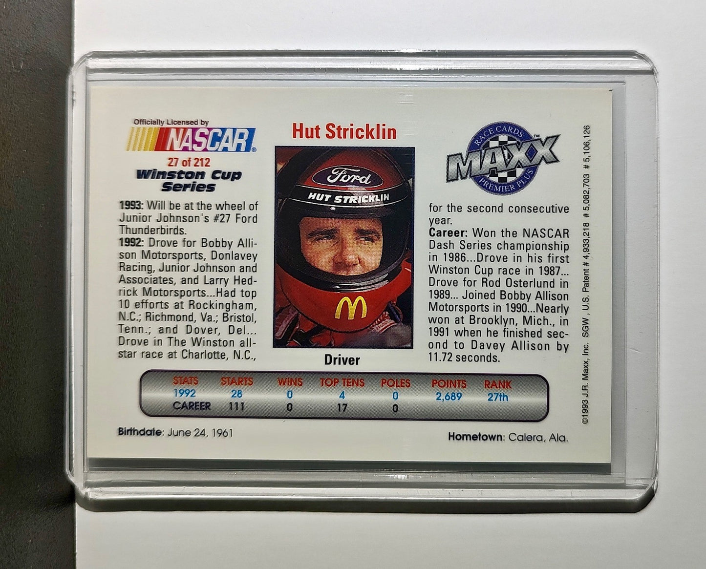 Hut Stricklin 1993 Maxx Premier Plus Racing #27 NASCAR Card Junior Johnson