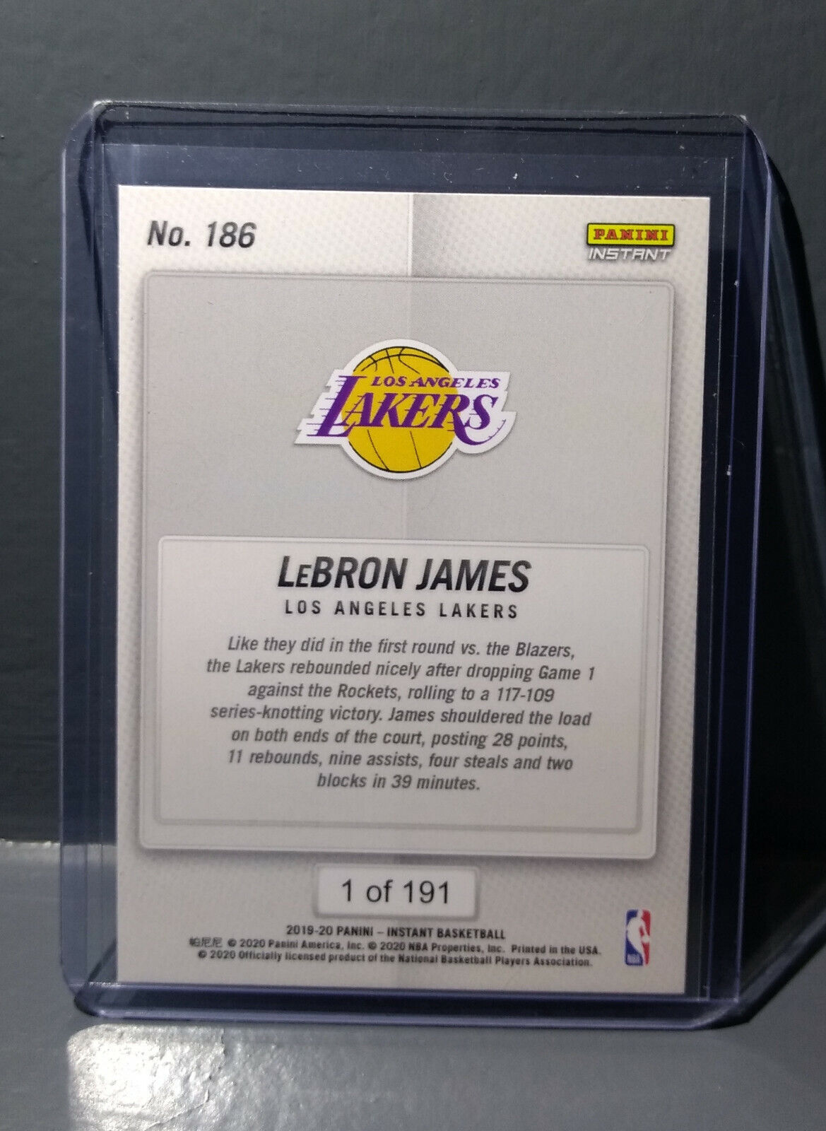 Lebron James 2019-20 Panini NBA Playoffs Instant #186 Basketball Card 1/191