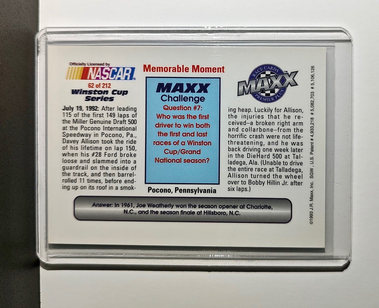 Memorable Moment 1993 Maxx Premier Plus Racing #62 NASCAR Robert Yates Racing