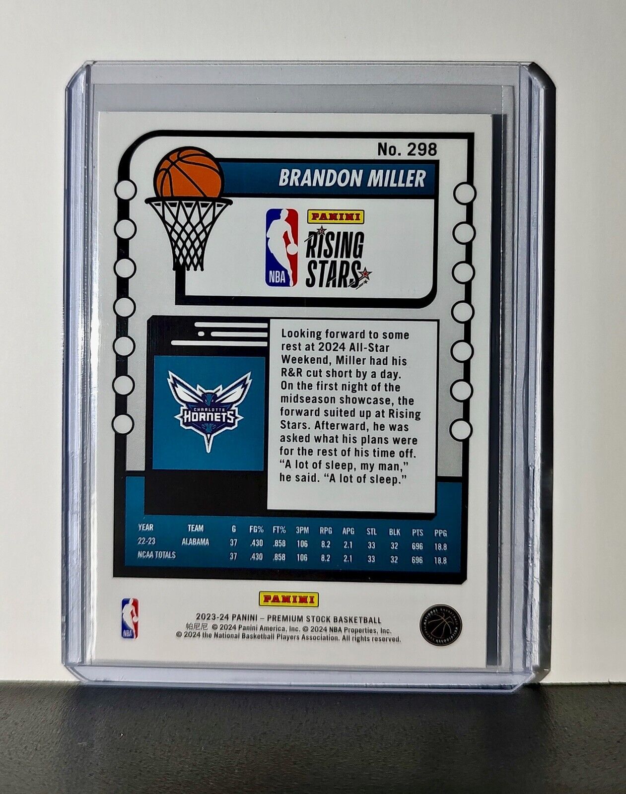Brandon Miller 2023-24 Panini Premium NBA Hoops Rising Stars #298 Rookie Card