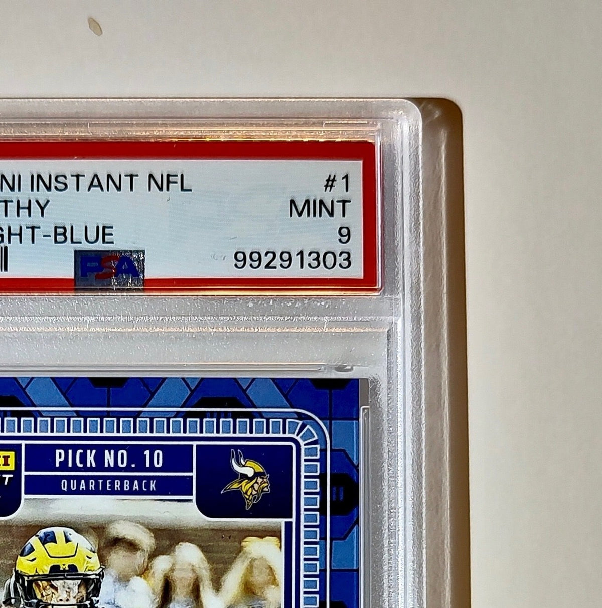 JJ McCarthy Rookie 2024 Panini NFL Draft Night Blue Football Card 2/5 SSP PSA 9