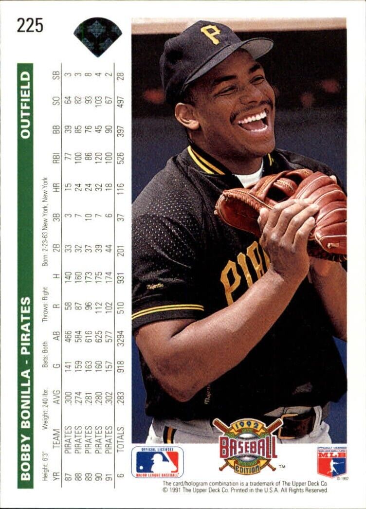 Bobby Bonilla 1992 Upper Deck MLB #225 Baseball Card Pittsburgh Pirates